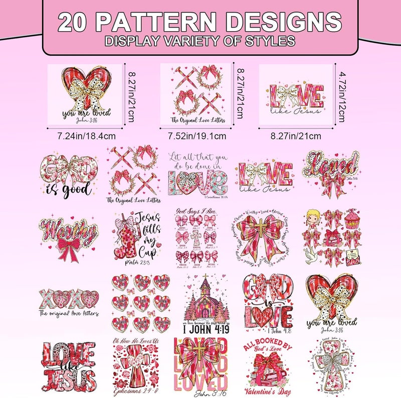 Shejdgart Valentines Dtf Transfers Ready to Press - 20 Pcs Bible Verse Iron on Patches for T-Shirts, Bow Christian Iron on Stickers Heart Hear Heat Transfer Vinyl Decals for DIY Fabric Clothes Decor - Image 2